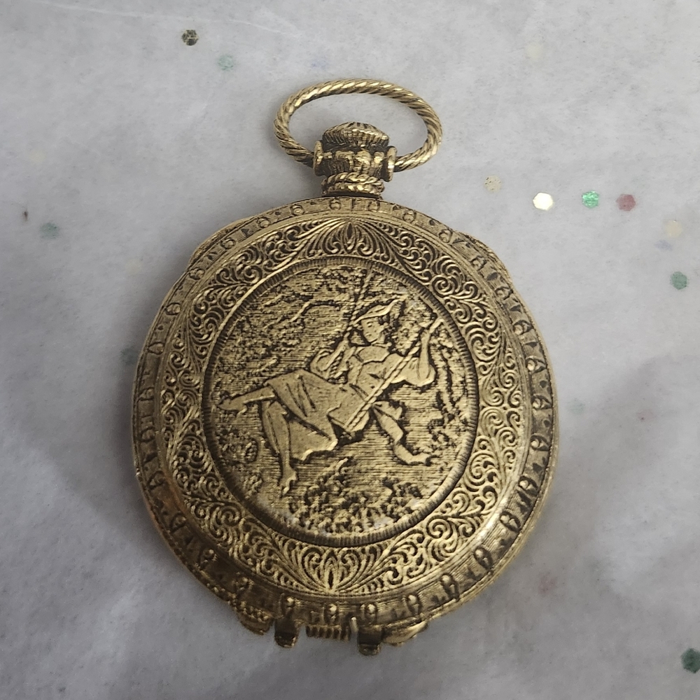 Vtg Corday Fame Heirloom Girl on Swing Pocket Watch Perfume Solid Compact